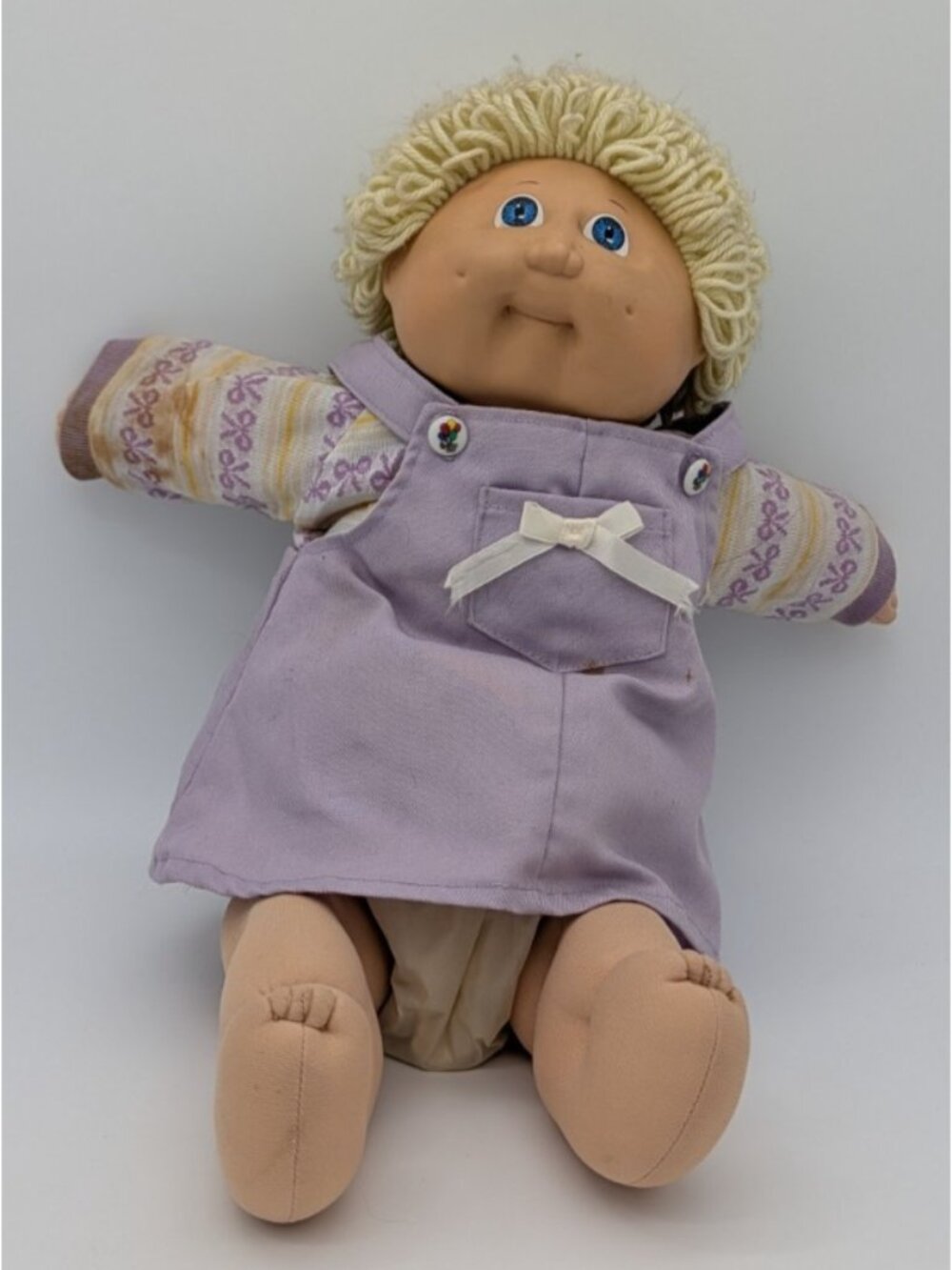 Vintage 1985 Cabbage Patch Doll blond short hair Blue Eyes Xavier  purple outfit